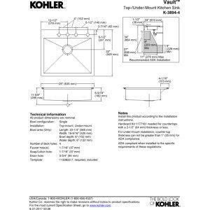 Vault 25" L x 22" W x 6-5/16" Single Bowl Dual-Mount Kitchen Sink with 4 Faucet Holes