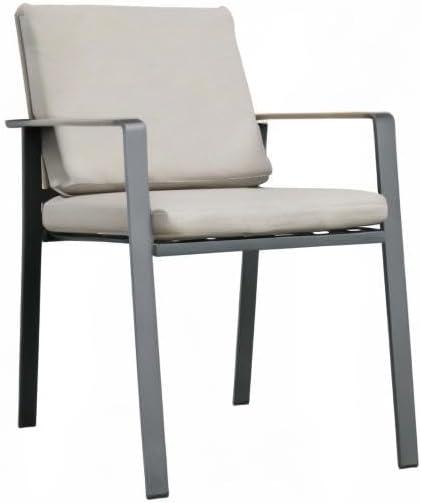 Armen Living Nofi Outdoor Patio Dining Chair in Charcoal Finish with Taupe Cushions and Teak Wood Accent Arms  - Set of 2