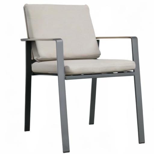 Armen Living Nofi Outdoor Patio Dining Chair in Charcoal Finish with Taupe Cushions and Teak Wood Accent Arms  - Set of 2