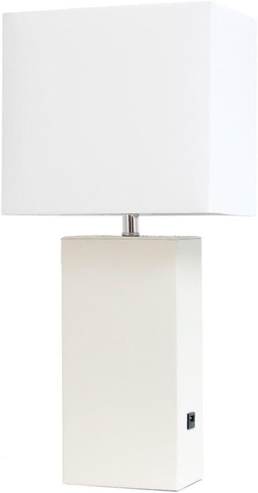 Lalia Home 21" Lexington Leather Base Modern Home Decor Bedside Table Lamp with USB Charging Port White : Fabric Shade