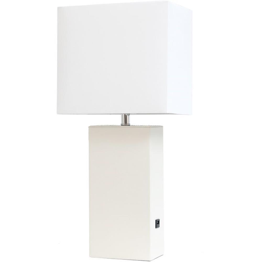 Lalia Home 21" Lexington Leather Base Modern Home Decor Bedside Table Lamp with USB Charging Port White : Fabric Shade
