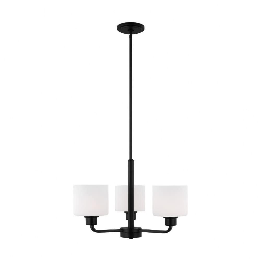 Canfield 3-Light Midnight Black Modern Minimalist Hanging Drum Chandelier with Etched White Glass Shades