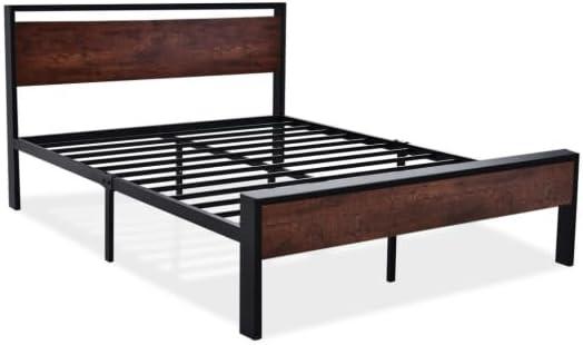 Queen Black Oak Metal Frame Bed with Wood Headboard and Storage