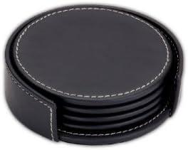 Rustic Black Leather Round Coaster Set with Holder