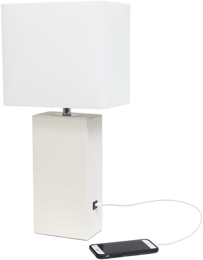 Lalia Home 21" Lexington Leather Base Modern Home Decor Bedside Table Lamp with USB Charging Port White : Fabric Shade