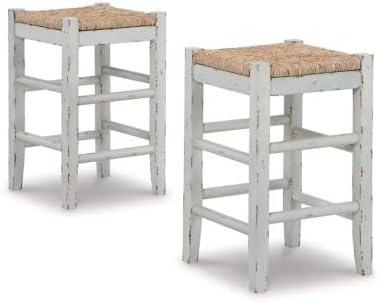 Vintage White Wood Counter Height Bar Stools with Woven Seats, Set of 2