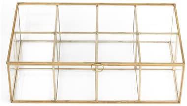 NCYP Glass Tea Bags Organizer, 12" x 7.1" x 3.7" Sugar Packets Storage Box - 8 Grids Compartments Jewelry Container, Indoor Counter Top Brass Display Case with Lid, Gold Decor (Glass Box Only)