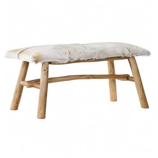 White Goat Fur and Oak Wood Bench