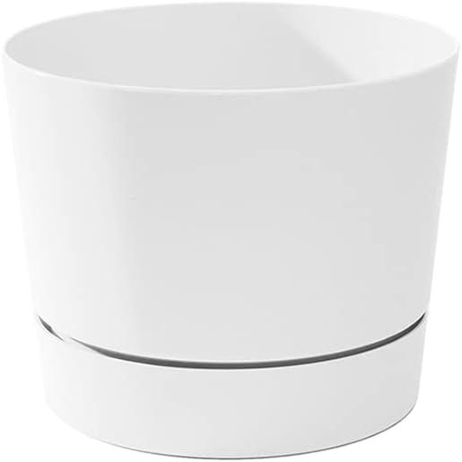 White Matte Mid-Century Modern Round Plant Pot with Drainage Tray