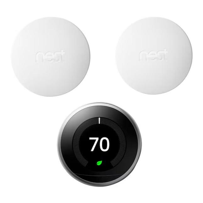 Google BH1252-US Nest Learning Thermostat - Smart Wi-Fi Thermostat Stainless Steel and Nest Temperature Sensor 2 Pack