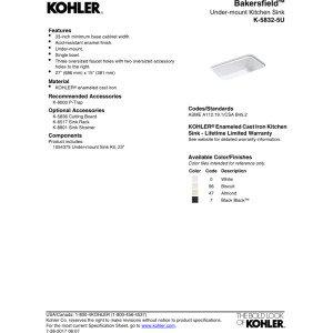 Kohler Bakersfield™ 31" L x 22" W Undermount Kitchen Sink K-5832-5U-96