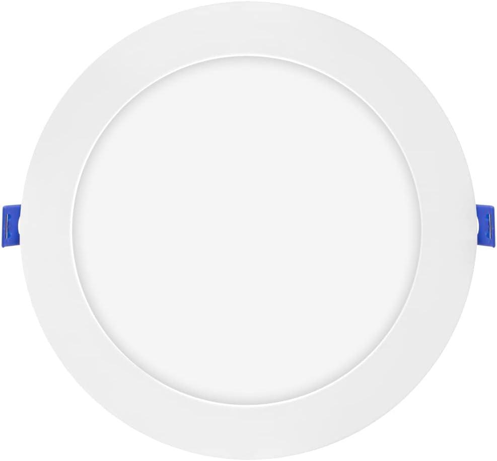 Maxxima 8 in. 5CCT Round Recessed LED Downlight, 1600 Lumens Slim Round Flat Panel Color Selectable 2700K-5000K (2700K/3000K/3500K/4000K/5000K), Dimmable, Canless IC Rated, White Trim, J-Box Included