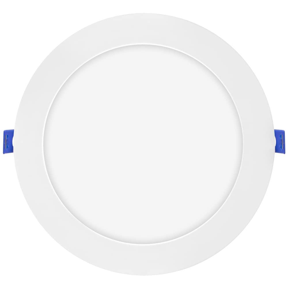 Maxxima 8 in. 5CCT Round Recessed LED Downlight, 1600 Lumens Slim Round Flat Panel Color Selectable 2700K-5000K (2700K/3000K/3500K/4000K/5000K), Dimmable, Canless IC Rated, White Trim, J-Box Included