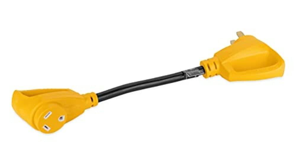 Camco Power Grip 18-inch 50 to 30-Amp Dogbone RV Electrical Adapter - 125 Volts 3750 Watts – 10/3-Gauge Wires, Yellow (55175)