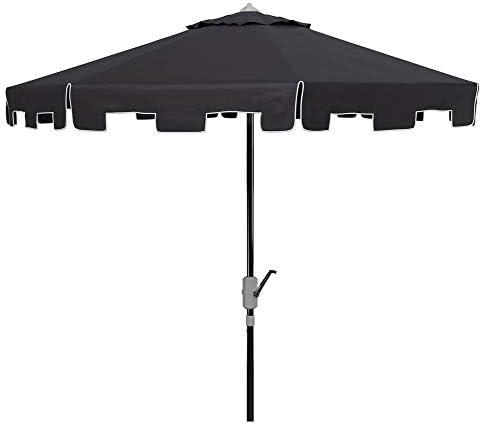 UV Resistant Zimmerman 9 Ft Crank Market Push Button Tilt Umbrella With Flap - PAT8000 - Black/White - Safavieh