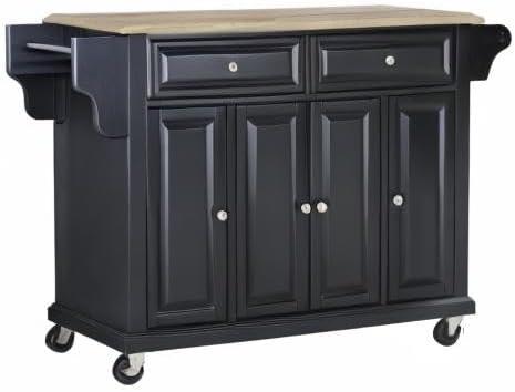Full Size Wood Top Kitchen Cart Black - Crosley: Mobile Storage, 3 Cabinets, Spice Rack