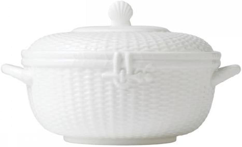 White Ceramic Basketweave Covered Vegetable Bowl, 61 oz