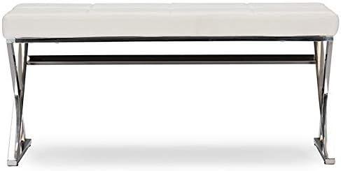 Baxton Studio Herald Modern and Contemporary Stainless Steel and Faux Leather Upholstered Rectangle Bench - White: Chic Entryway Ottoman, Seats 1