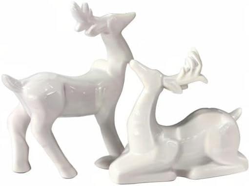 QIAOIDEA Pack 2 Porcelain Christmas Reindeer Figurines Mini Animal Reindeer Decor Deer Statues Sculpture Collectible Figurines