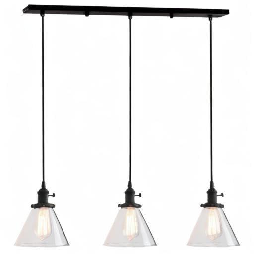 PERMO Vintage Rustic Industrial 3-Lights Kitchen Island Chandelier Triple 3 Heads Pendant Hanging Ceiling Lighting Fixture with Funnel Flared Clear Glass Shade (Black)