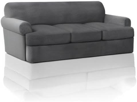 Gray Stretch T Cushion Sofa Slipcover with Elastic Straps