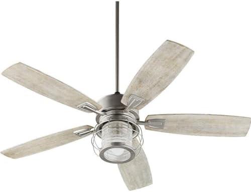 Quorum 3525-65 Protruding Mount, 5 Weathered Oak Blades Ceiling fan with 14 watts light, Satin Nickel