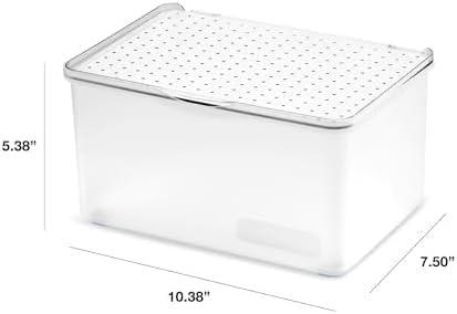 Madesmart Medium Lid Bin, Bathroom Acessory Storage Organizer, Dry Erase labeling Space, Frost and Blue