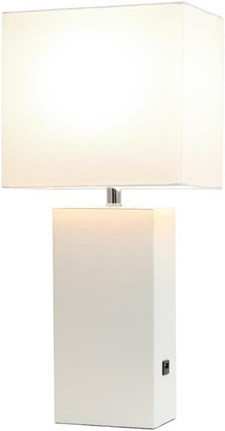 Lalia Home 21" Lexington Leather Base Modern Home Decor Bedside Table Lamp with USB Charging Port White : Fabric Shade
