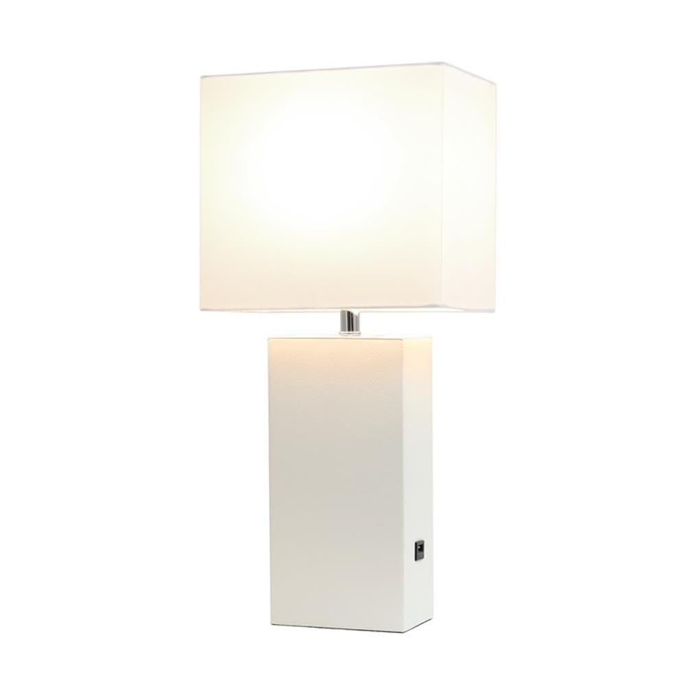 Lalia Home 21" Lexington Leather Base Modern Home Decor Bedside Table Lamp with USB Charging Port White : Fabric Shade