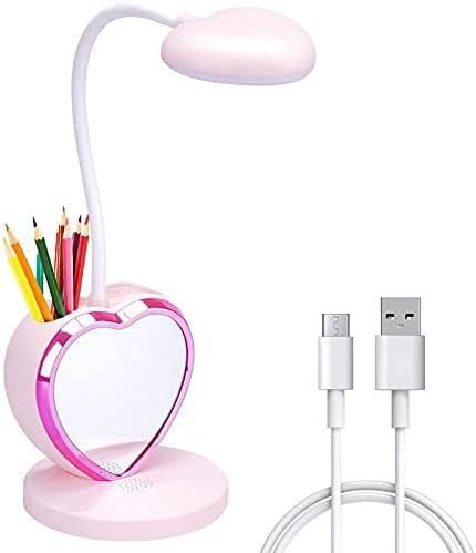LED Desk Lamp for Kids, Small Desk Lamp with USB Charging Port & Pen Holder and Phone Stand, Cute Lamp with 2 Color Modes,Eye-Caring Study Table Lamp Pink for Girls College Dorm Bedroom Reading