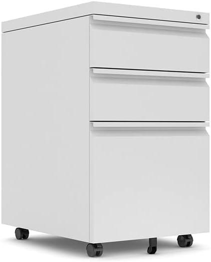 U-SHARE Mobile File Cabinet, 3 Drawer Locking Filing Cabinet, Under Desk Office Metal Storage Cabinet on Wheels for Legal/Letter/A4 File (Fully Assembled Cabinet,White)