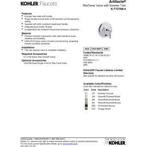 Artifacts Rite-Temp Pressure-Balancing Valve Trim With Push-Button Diverter And Lever Handle