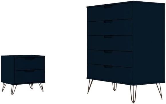 Tatiana Midnight Blue Mid-Century Modern 5-Drawer Dresser and Nightstand Set