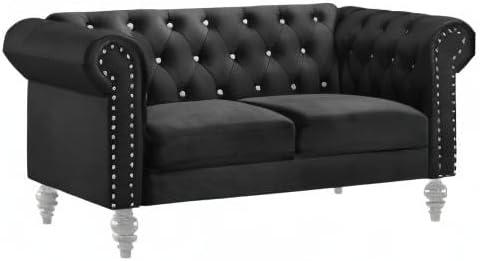 New Classic Furniture Glam Emma Velvet Two Seater Chesterfield Style Loveseat for Small Spaces with Crystal Button Tufts, Black
