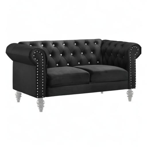 New Classic Furniture Glam Emma Velvet Two Seater Chesterfield Style Loveseat for Small Spaces with Crystal Button Tufts, Black