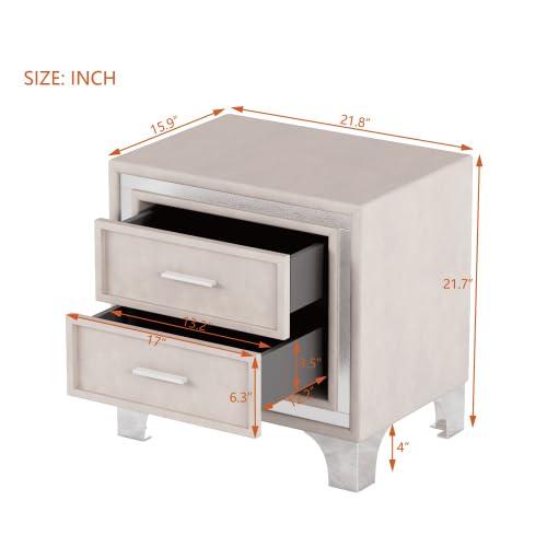 Harper & Bright Designs Upholstered Wooden Nightstand with 3 Drawers and Metal Legs & Handles, Bedside Table with Marbling Worktop, Beige