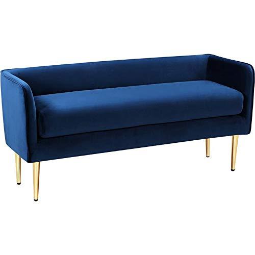 Audrey Navy Velvet Upholstered Bench with Gold Metal Legs, 52" W