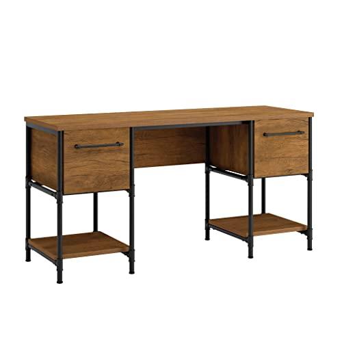 Checked Oak Industrial Double Pedestal Desk with Metal Frame