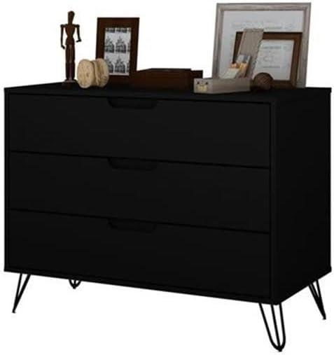 Rockefeller Dresser Black - Manhattan Comfort: MDF Composite Frame, 3-Drawer Storage for Bedroom