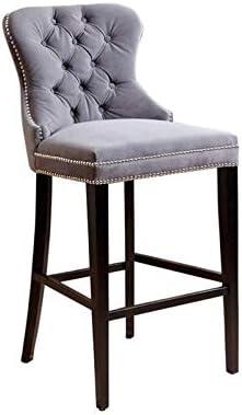 Elegant Gray Velvet & Wood High Back Bar Stool with Silver Nailhead Trim