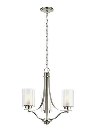 Elmwood 3-Light Brushed Nickel Modern Transitional Hanging Candlestick Chandelier with Satin Etched Glass Shades