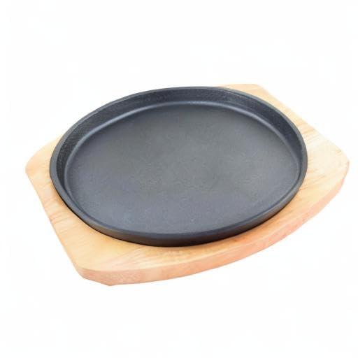 Round Cast Iron Set W/ Rubber Wood Underliner For Making Pizza, Sizzling meat (11.80")