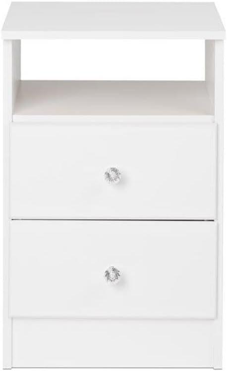 Astrid 2 Drawer Nightstand with Crystal Knobs White - Prepac: Modern Style, Open Shelf Storage