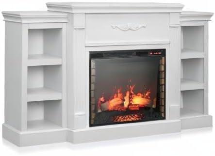 BELLEZE Modern 70" Electric Fireplace Heater Mantel TV Stand & Media Entertainment Center for TVs up to 68" with Energy-Efficient Heater with Sound and Side Book Shelves - Lenore (White)