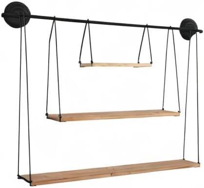 Stratton Home Decor Large 3 Tier Metal and Wood Hanging Wall Shelf, Black