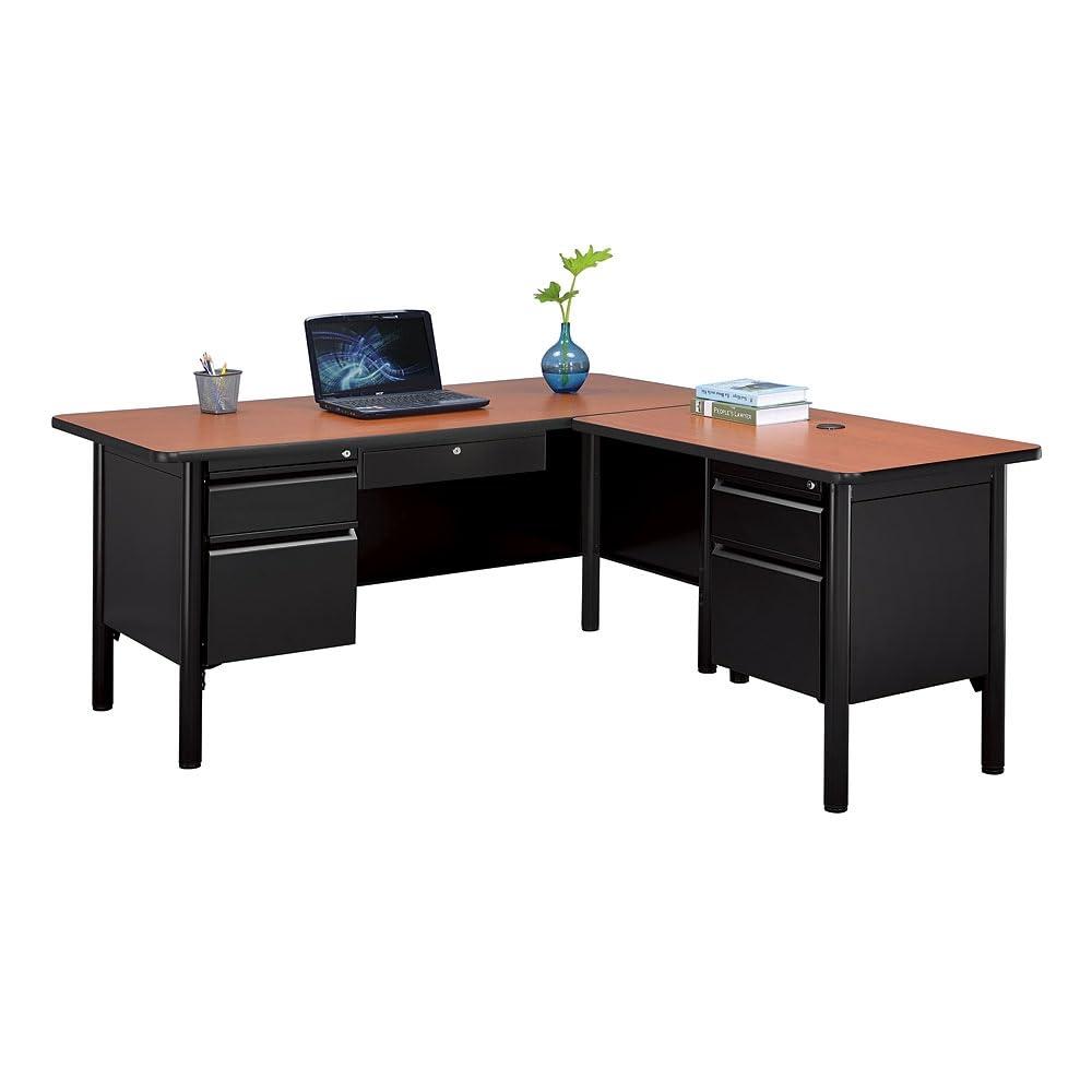 Cherry and Black L-Shaped Executive Office Desk with Lockable Drawers