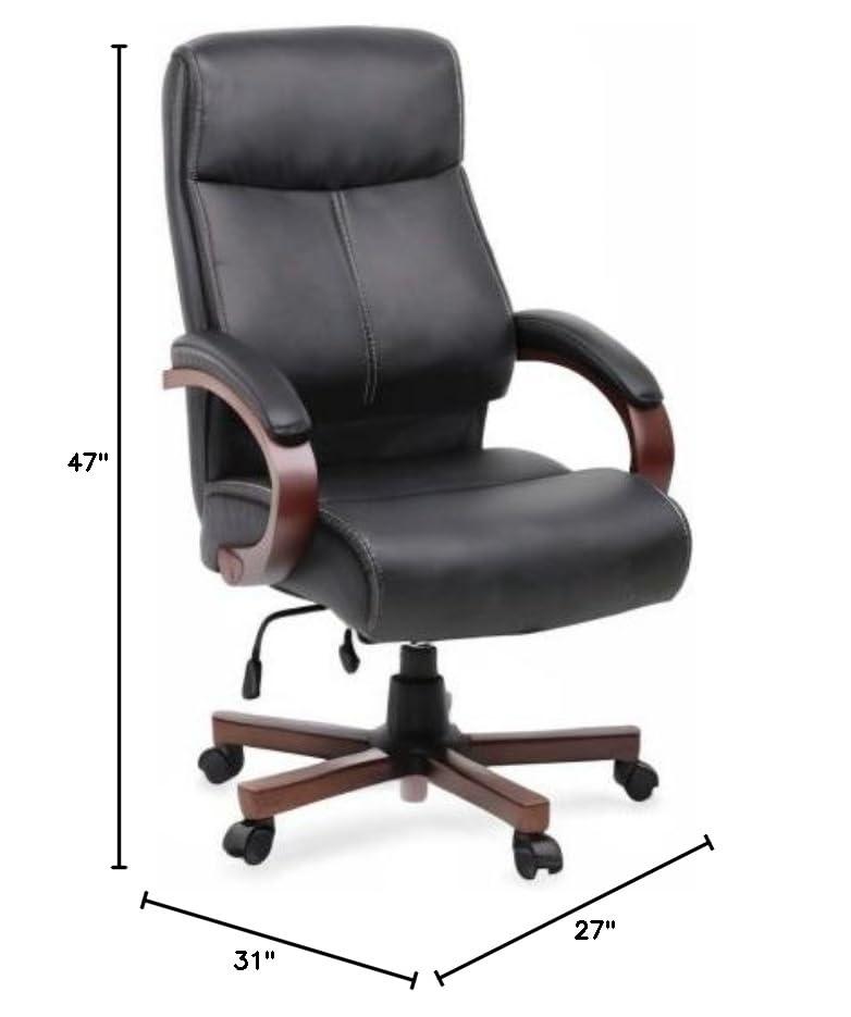Lorell Executive High-Back Wood Finish Office Chair - Black Bonded Leather Seat - Black Bonded Leather Back - High Back - Black, Mahogany - 1 Each