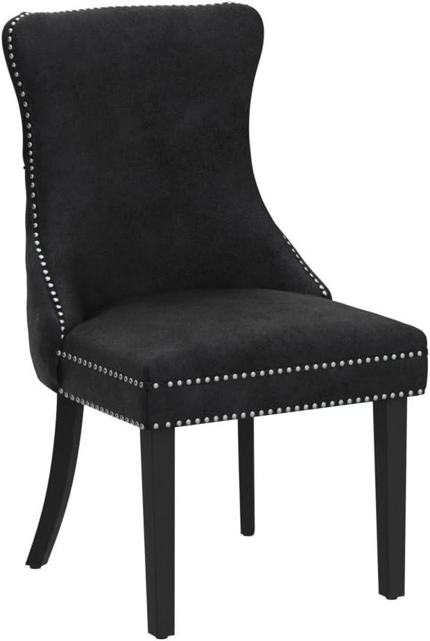 KCC Velvet Dining Chairs Set of 2, Upholstered High-end Tufted Dining Room Chair with Nailhead Back Ring Pull Trim Solid Wood Legs, Nikki Collection Modern Style for Kitchen, Black