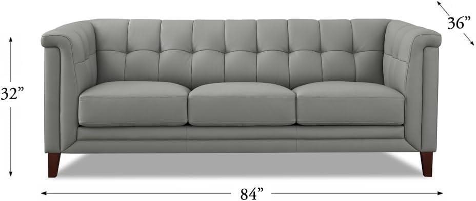 Arvo 84" Silver Gray Tufted Leather Sofa with Wood Legs