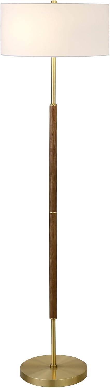 Evelyn&Zoe Simone 2-Light Floor Lamp with Fabric Shade, Rustic Oak/Polished Nickel/White